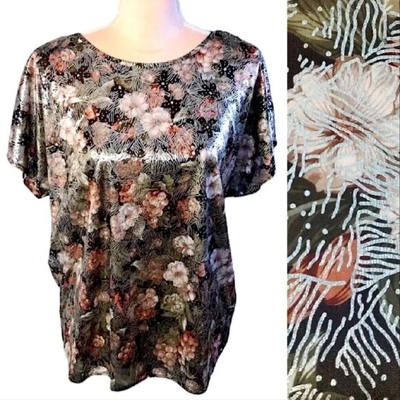 Vintage 80s 90s Gold Green Floral Art Deco Metallic Satin Blouse Large - Picture 1 of 16